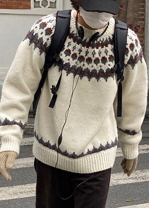 French White O Neck Geometric Cozy Knit Men Sweater Winter