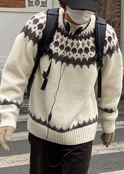 French White O Neck Geometric Cozy Knit Men Sweater Winter