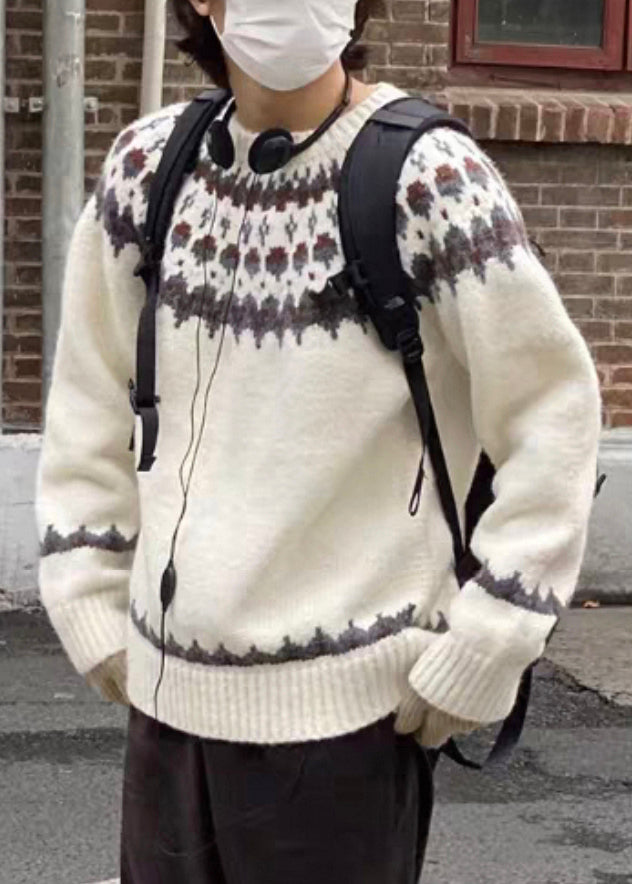 French White O Neck Geometric Cozy Knit Men Sweater Winter