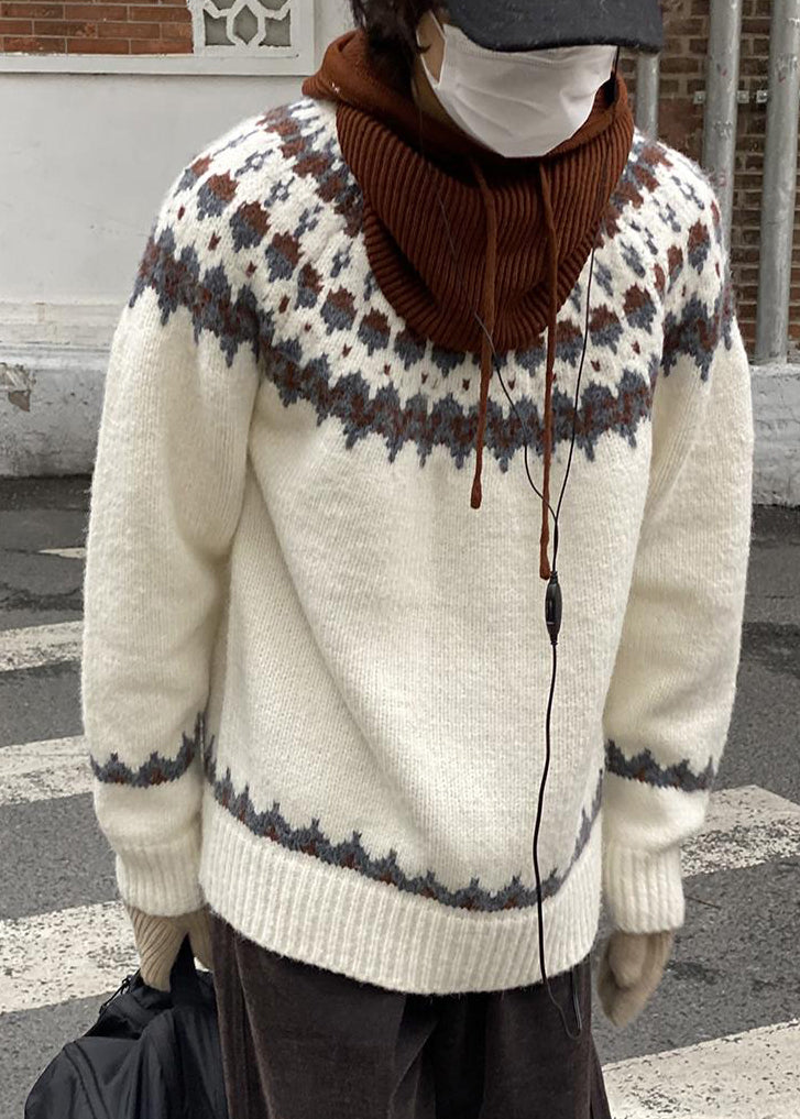 French White O Neck Geometric Cozy Knit Men Sweater Winter