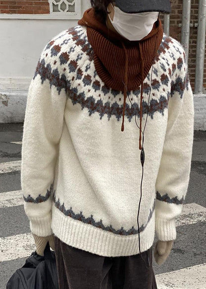 French White O Neck Geometric Cozy Knit Men Sweater Winter
