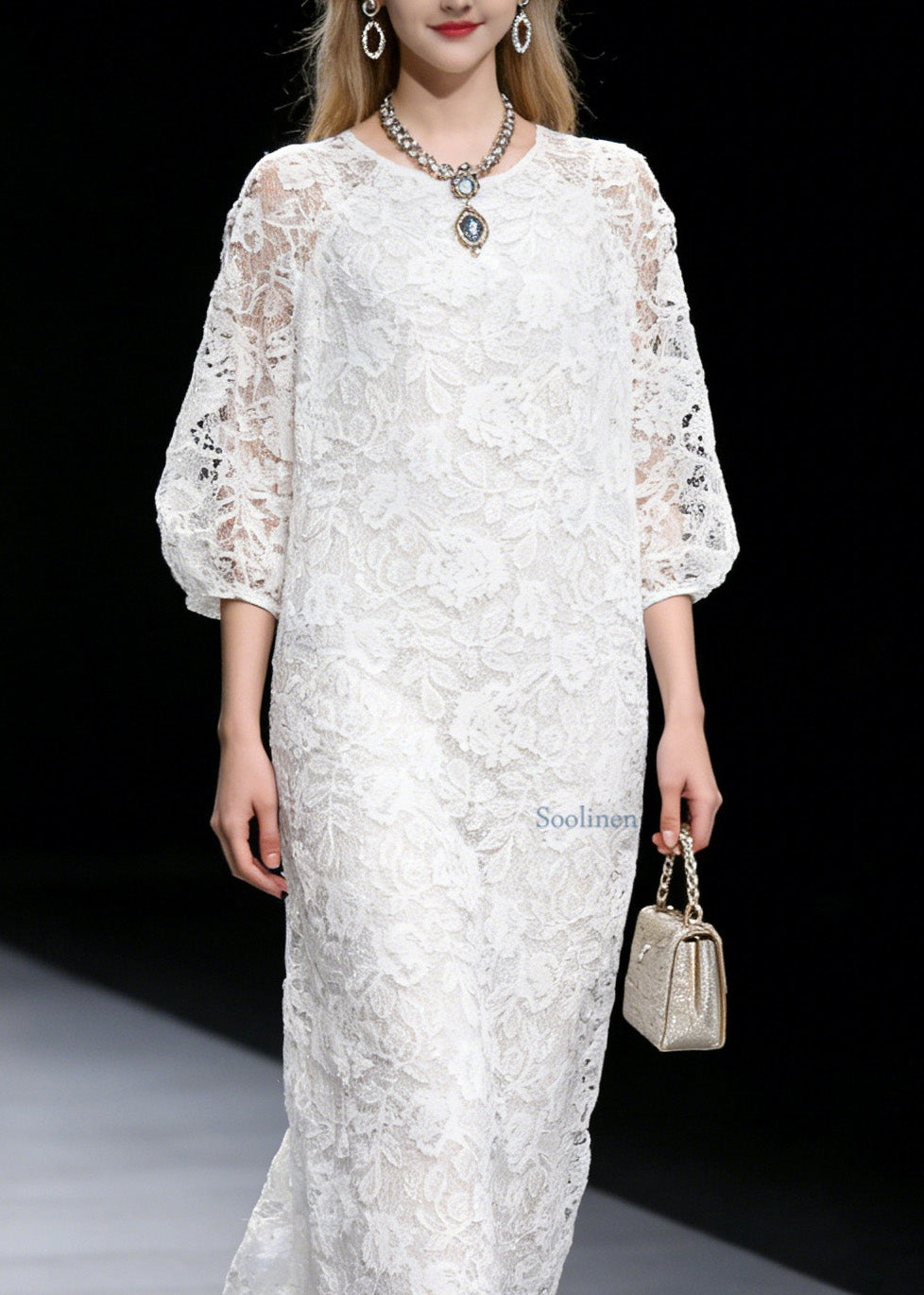 French White O Neck Hollow Out Lace Long Dress Summer