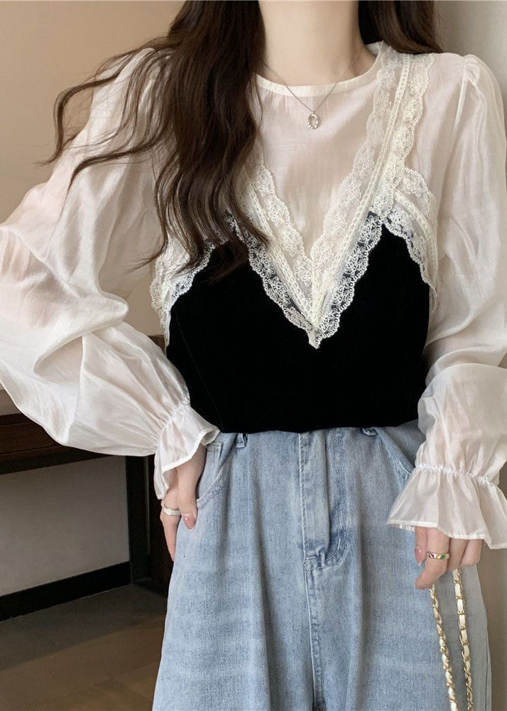 Französisch Weiß O-Ausschnitt Spitze Patchwork Seide Velour Bluse Tops Frühling
