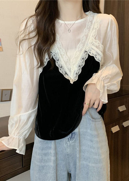 Französisch Weiß O-Ausschnitt Spitze Patchwork Seide Velour Bluse Tops Frühling