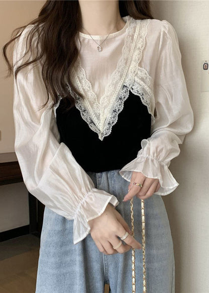 Französisch Weiß O-Ausschnitt Spitze Patchwork Seide Velour Bluse Tops Frühling