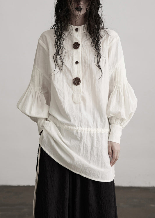 Blusas francesas blancas de algodón con cuello redondo y mangas abullonadas de patchwork para primavera