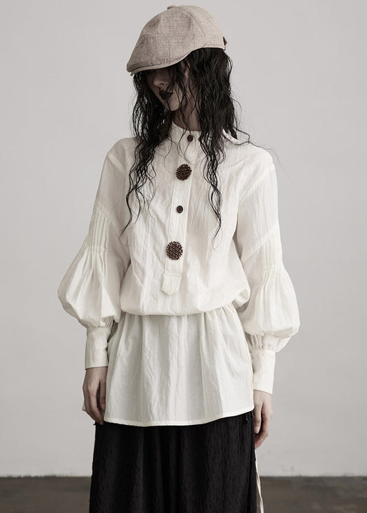 Blusas francesas blancas de algodón con cuello redondo y mangas abullonadas de patchwork para primavera