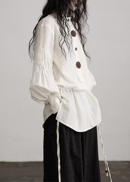 Französische weiße Patchwork-Baumwolltops mit Rundhalsausschnitt, Puffärmeln und Patchwork-Design für den Frühling