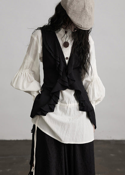 Französische weiße Patchwork-Baumwolltops mit Rundhalsausschnitt, Puffärmeln und Patchwork-Design für den Frühling