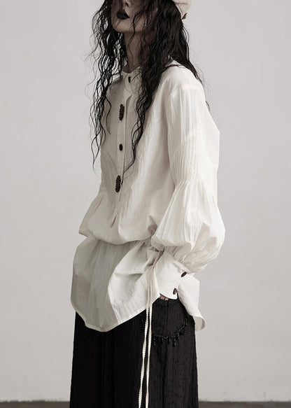 Französische weiße Patchwork-Baumwolltops mit Rundhalsausschnitt, Puffärmeln und Patchwork-Design für den Frühling