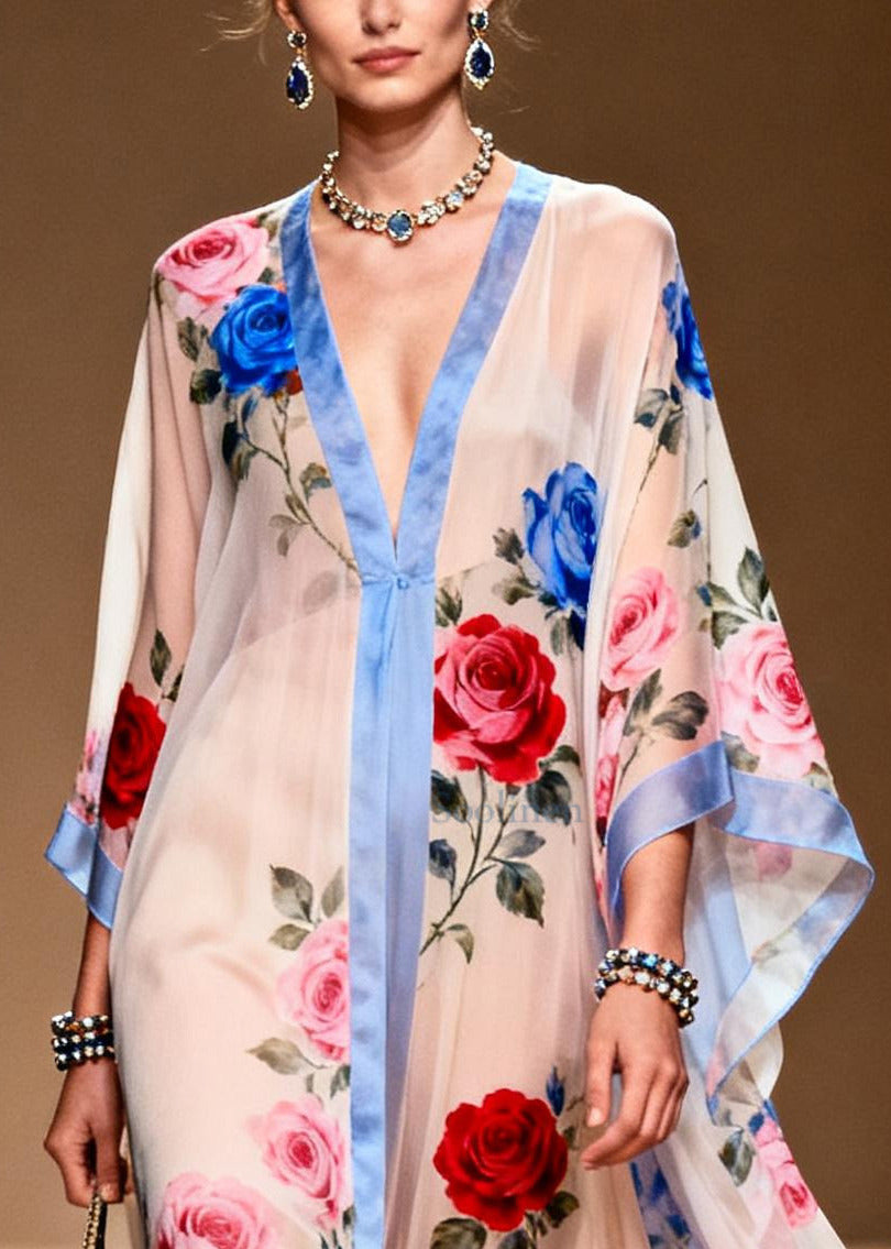 French White Oversized Print Chiffon Beach Dress Summer