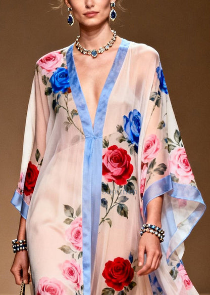 French White Oversized Print Chiffon Beach Dress Summer