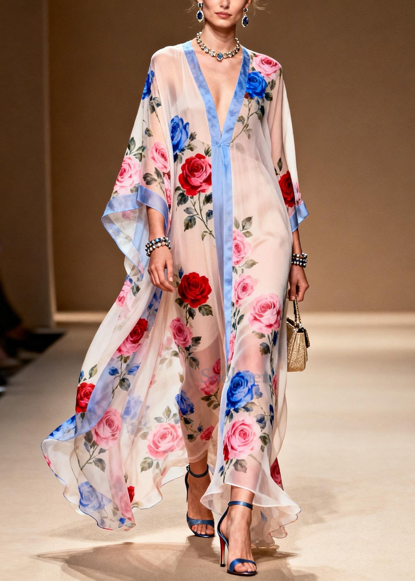 French White Oversized Print Chiffon Beach Dress Summer