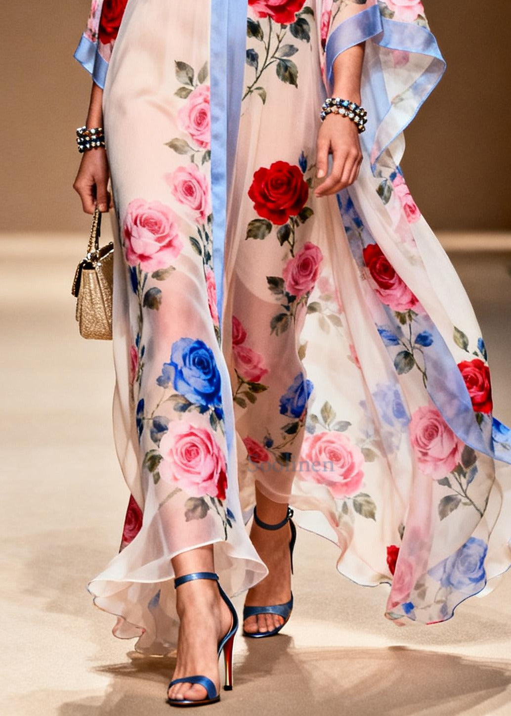 French White Oversized Print Chiffon Beach Dress Summer
