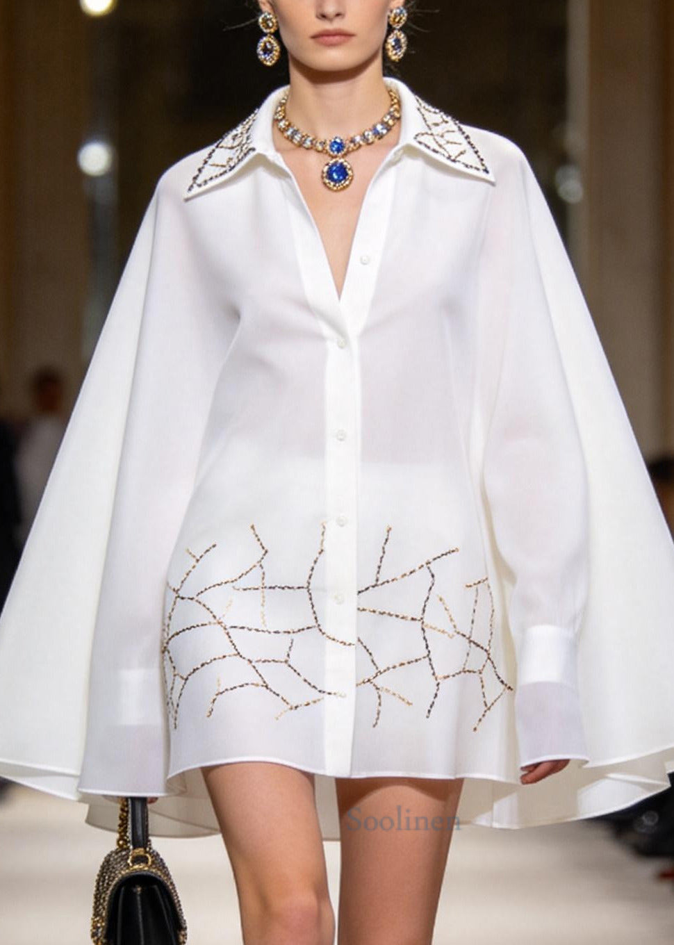 French White Oversized Print Chiffon Shirt Dresses Batwing Sleeve