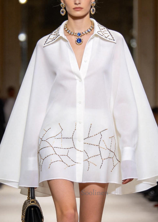French White Oversized Print Chiffon Shirt Dresses Batwing Sleeve