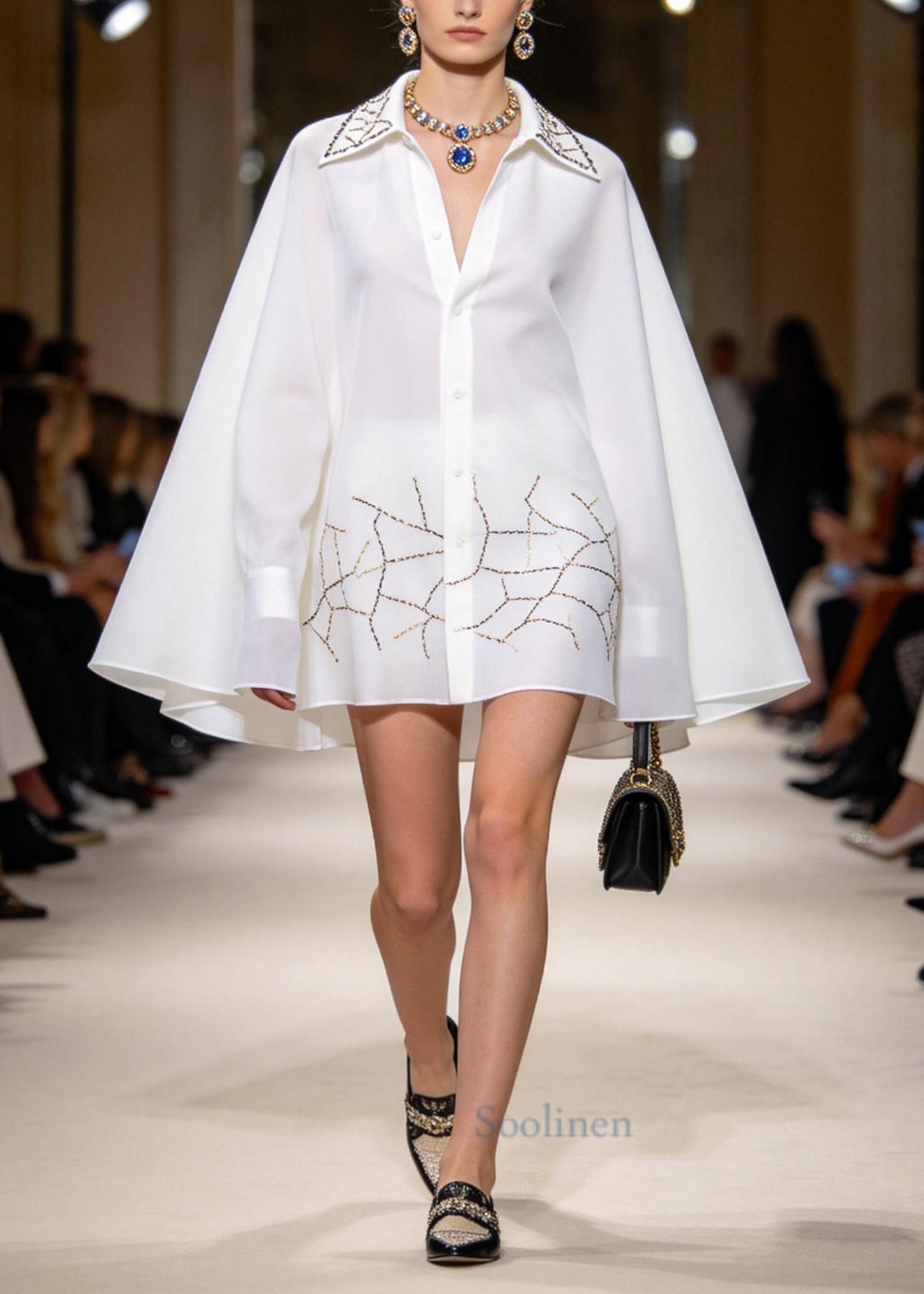 French White Oversized Print Chiffon Shirt Dresses Batwing Sleeve