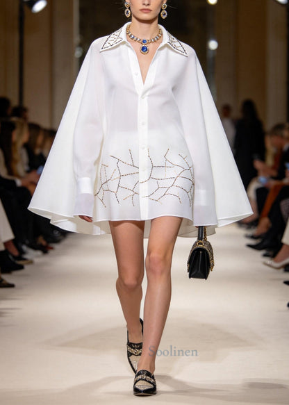 French White Oversized Print Chiffon Shirt Dresses Batwing Sleeve