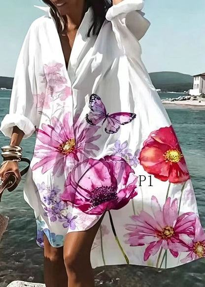 French White Oversized Print Cotton Shirt Dress Long Sleeve