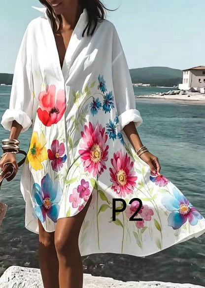French White Oversized Print Cotton Shirt Dress Long Sleeve