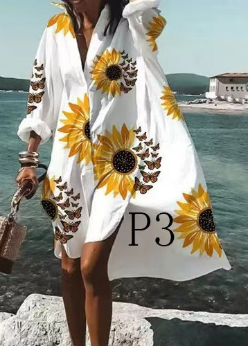 French White Oversized Print Cotton Shirt Dress Long Sleeve