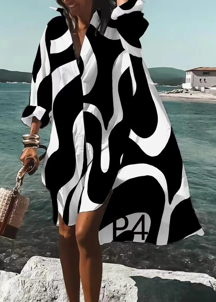 French White Oversized Print Cotton Shirt Dress Long Sleeve