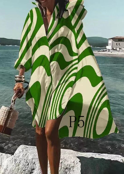 French White Oversized Print Cotton Shirt Dress Long Sleeve