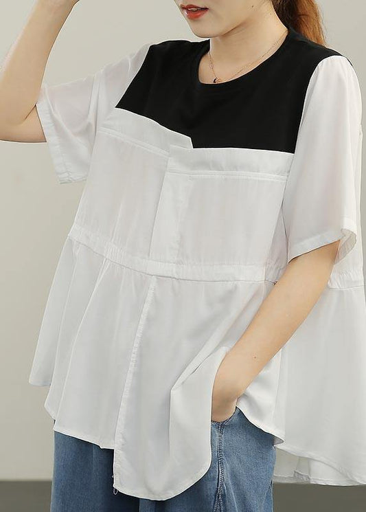 French White Patchwork O-Neck Blouses Summer - SooLinen