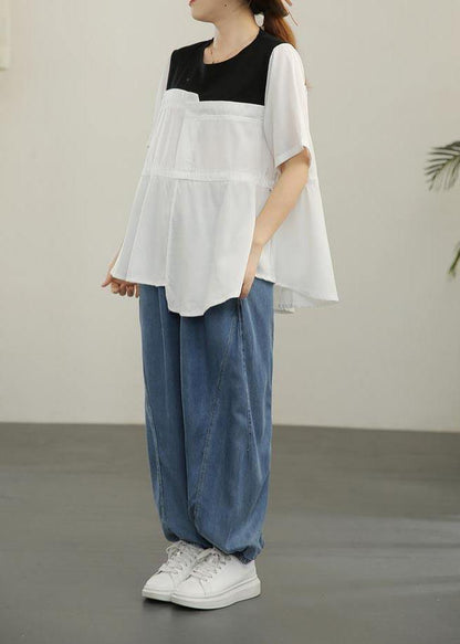 French White Patchwork O-Neck Blouses Summer - SooLinen