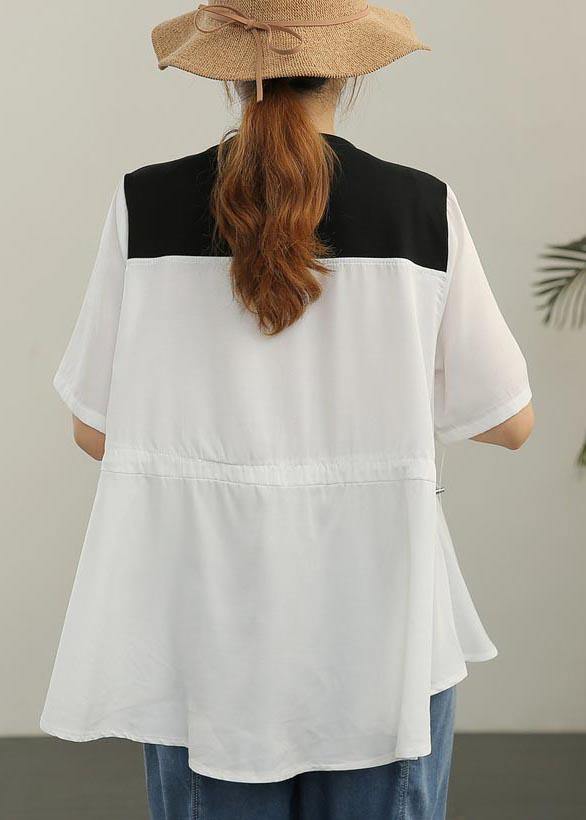 French White Patchwork O-Neck Blouses Summer - SooLinen