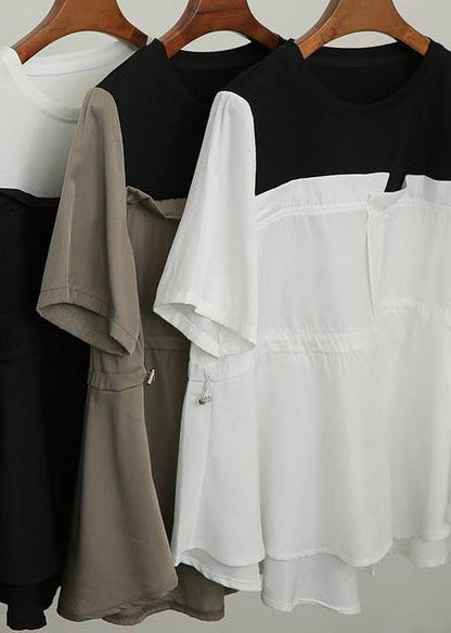 French White Patchwork O-Neck Blouses Summer - SooLinen