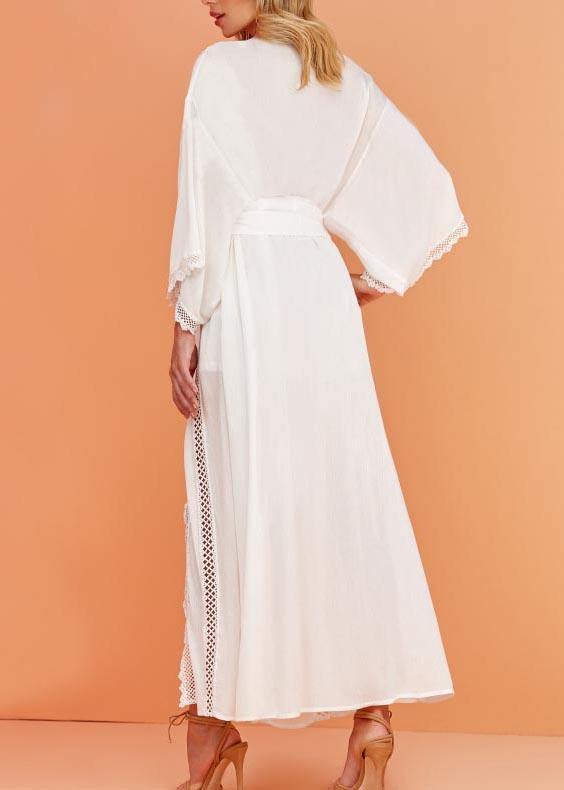 French White Patchwork tie waist kimono robe Maxi Chiffon Dress - SooLinen