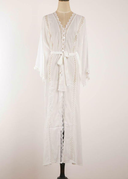 French White Patchwork tie waist kimono robe Maxi Chiffon Dress - SooLinen
