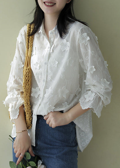 Französische weiße Peter Pan Kragen bestickt Blumenknopf Baumwolle Shirts Langarm