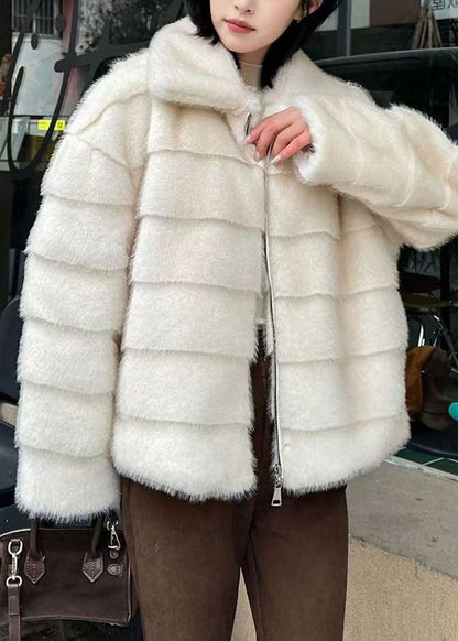 French White Peter Pan Collar Faux Mink Hair Jacket Winter