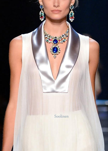 French White Peter Pan Collar Patchwork Chiffon Top Sleeveless
