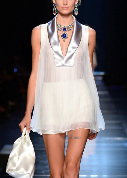 French White Peter Pan Collar Patchwork Chiffon Top Sleeveless
