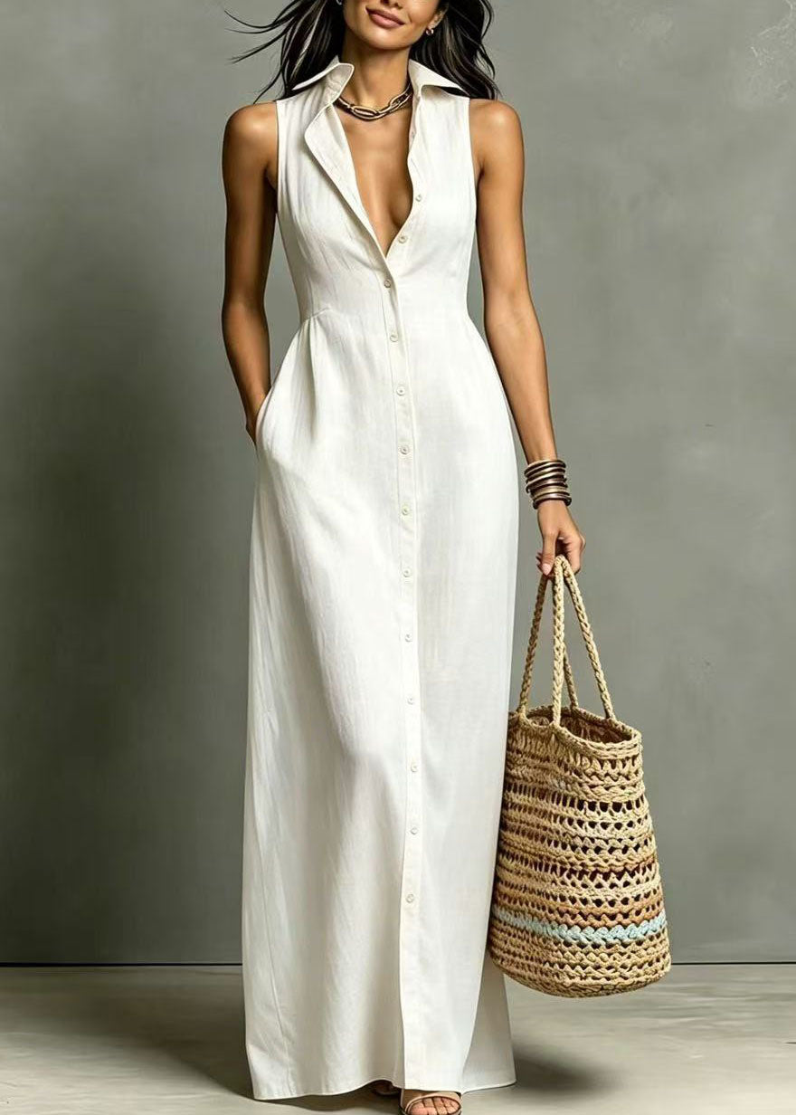 French White Peter Pan Collar Pockets Single Breasted Long Dress Summer