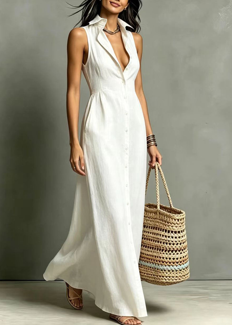 French White Peter Pan Collar Pockets Single Breasted Long Dress Summer