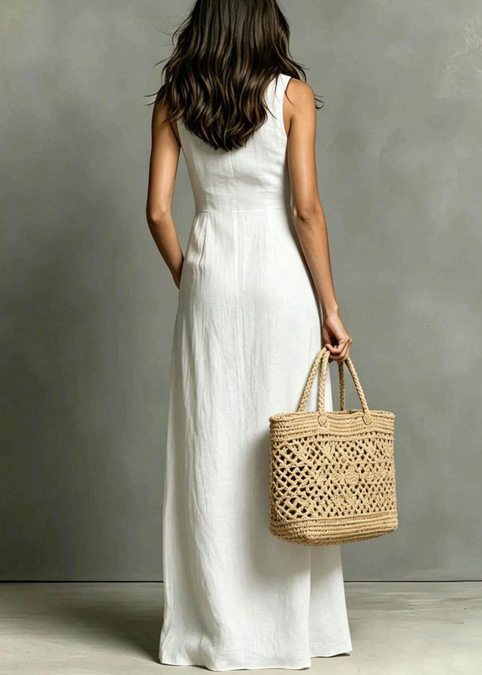 French White Peter Pan Collar Pockets Single Breasted Long Dress Summer