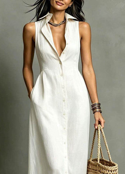 French White Peter Pan Collar Pockets Single Breasted Long Dress Summer
