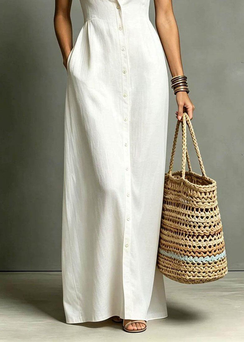 French White Peter Pan Collar Pockets Single Breasted Long Dress Summer