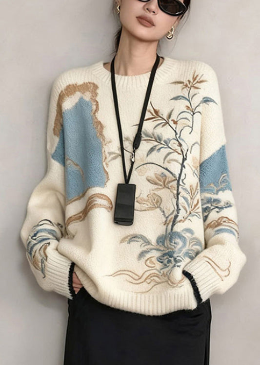 French White Plants Cozy Knit Sweater Winter