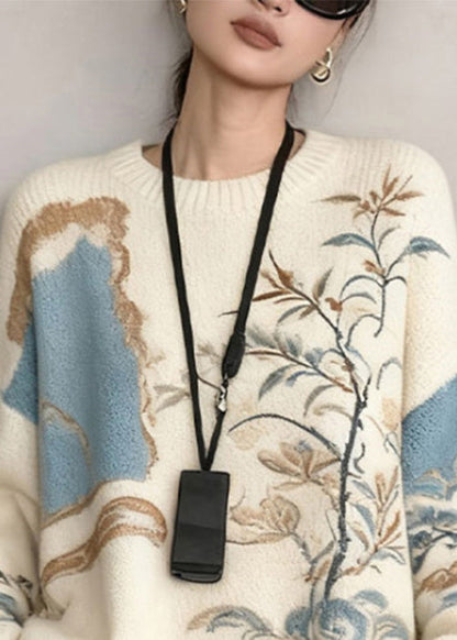 Suéter de punto acogedor con plantas blancas francesas para invierno