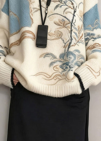 Suéter de punto acogedor con plantas blancas francesas para invierno