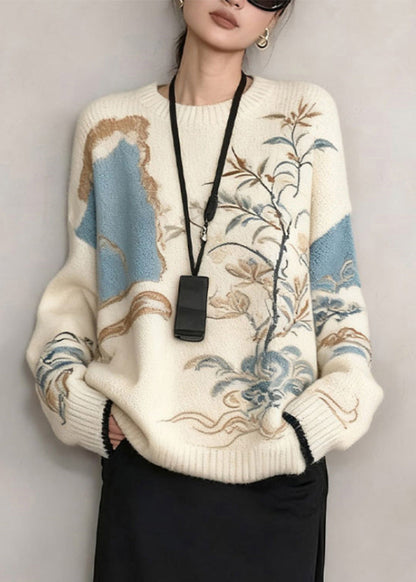 Suéter de punto acogedor con plantas blancas francesas para invierno