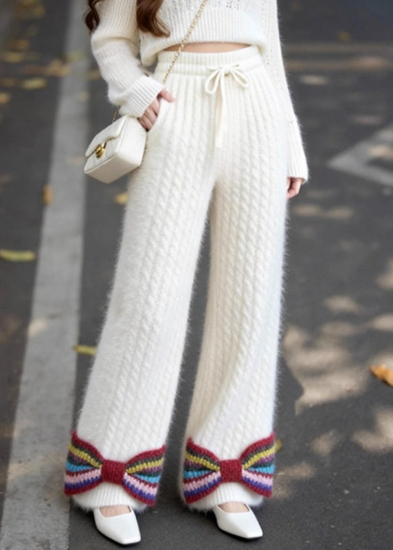 Pantalones de punto con cintura elástica y lazo con bolsillos blancos franceses para primavera