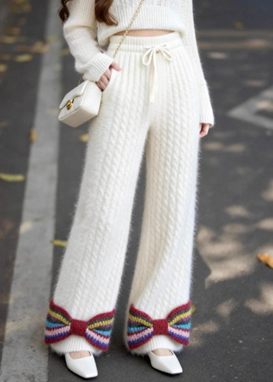 Pantalones de punto con cintura elástica y lazo con bolsillos blancos franceses para primavera