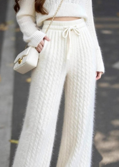 Pantalones de punto con cintura elástica y lazo con bolsillos blancos franceses para primavera