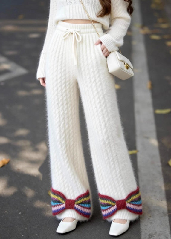 Pantalones de punto con cintura elástica y lazo con bolsillos blancos franceses para primavera